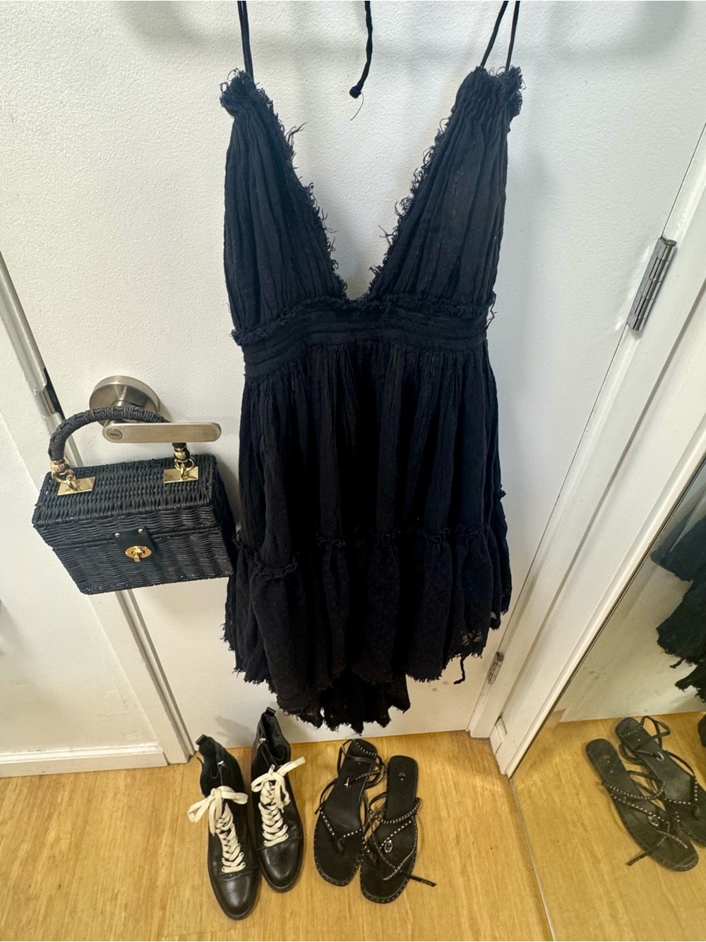 Free People Black Spaghetti Strap V-Neck Mini Dress